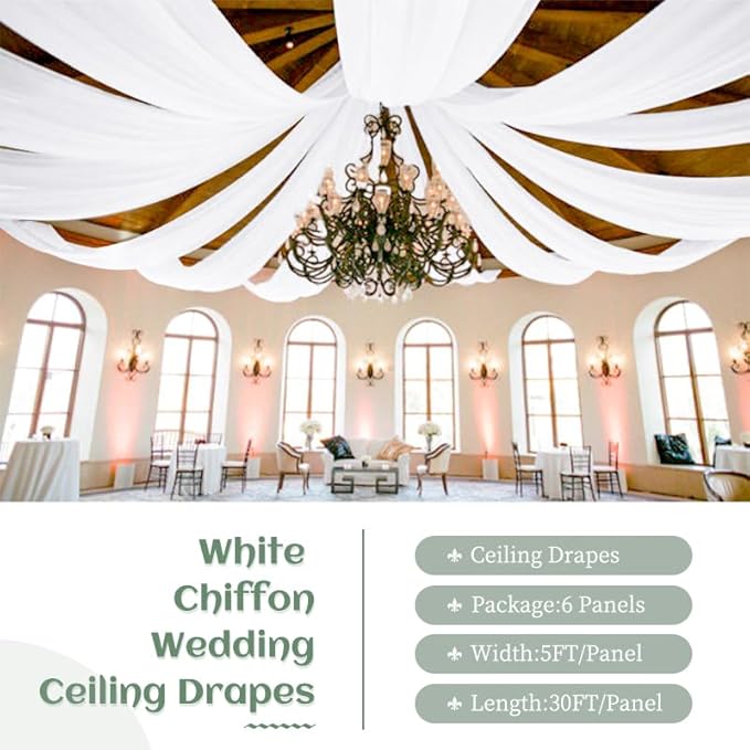 6 Panels White Wedding Ceiling Drapes 5ftx30ft Ceiling Drapes Chiffon Fabric - Image 2