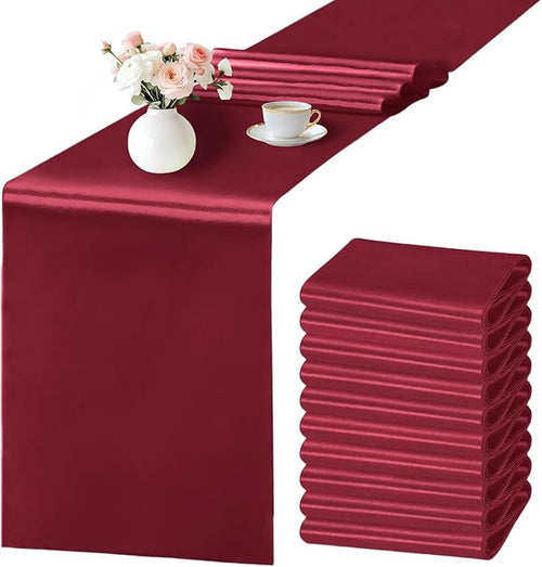 10 Pack Wine Red Satin Table Runner 12x108 Inches Long, Bright Silky Smooth by SHEJIZE