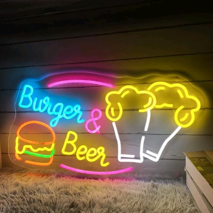 Burger & Beer Neon Sign, Custom Hamburger Snack Bar LED Neon Night Home Wall - Image 2