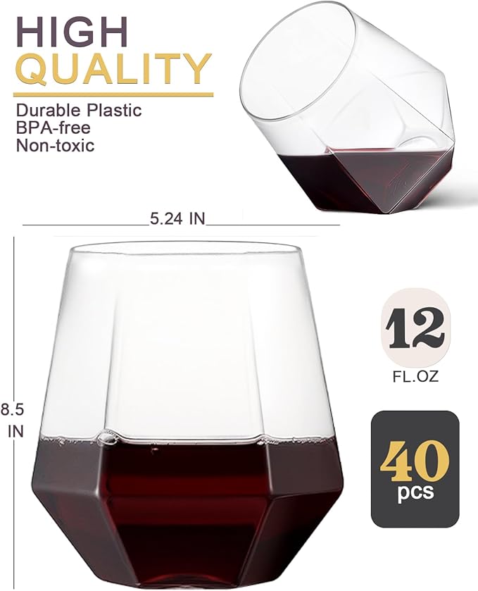 40 Pcak Plastic Stemless Wine cocktail Whiskey Champagne Glasses, 12 Oz - Image 6