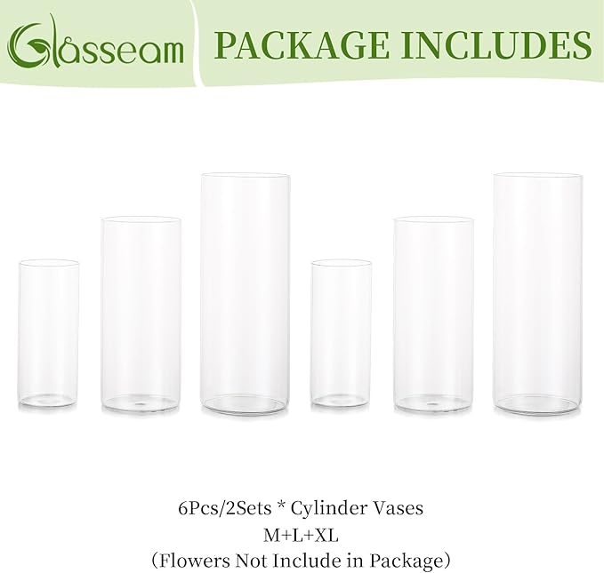 Glasseam Clear Cylinder Vases for Centerpieces, Glass Cylinder Vase Set of 6 - Image 7