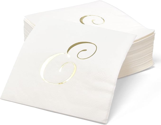 Gift Boutique 100 Gold Monogram Cocktail Napkins Letter E Disposable Paper Hand - Image 2