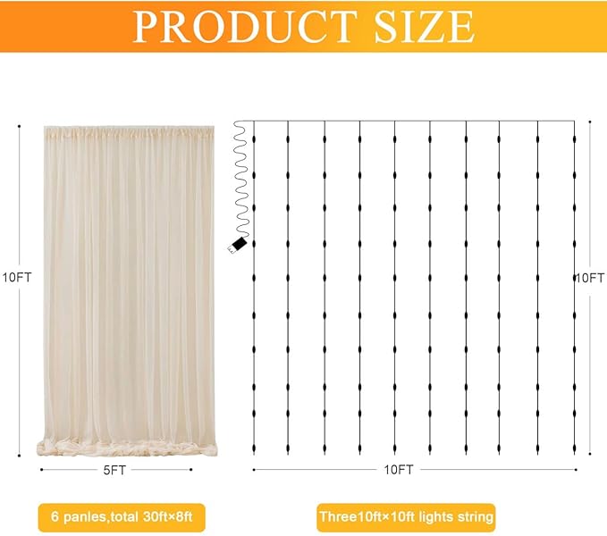 Fomcet Tulle Backdrop Curtains Champagne 30FT X 10FT Tulle Curtain - Image 3