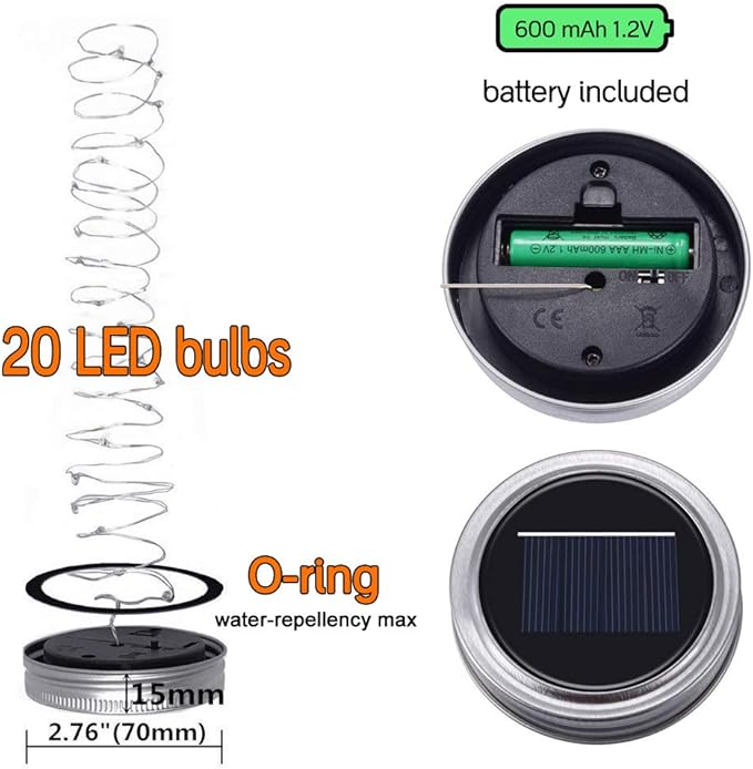 SunKite Solar Mason Jar Lights, 8 Pack 20 LED Waterproof Fairy Firefly Jar Lids - Image 3