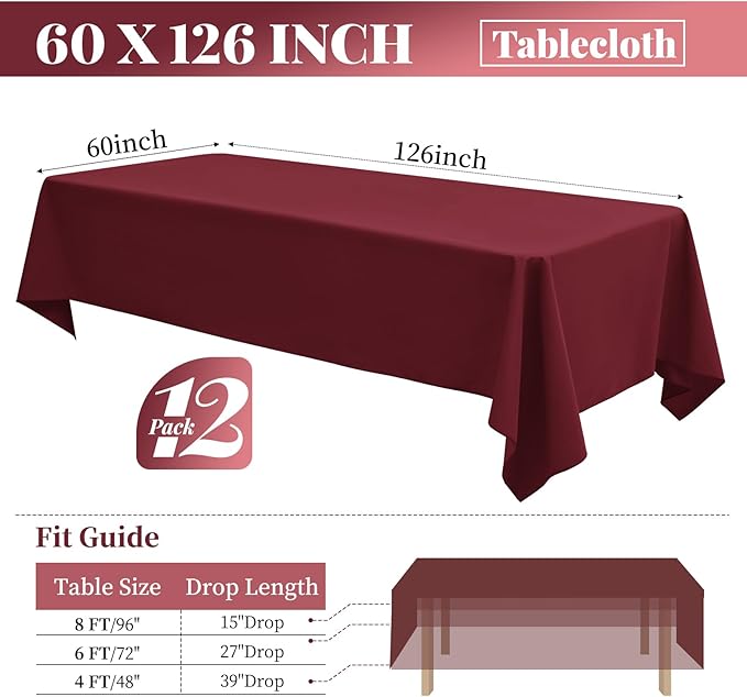 12 Pack 60 x 126 Inch Rectangle Tablecloth Burgundy Polyester Tablecloth - Image 2