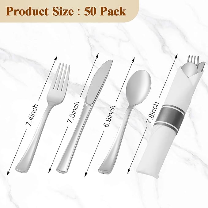 BESTVIP 50 Pack Pre Rolled Silver Plastic Silverware Set, Disposable Wrapped - Image 3