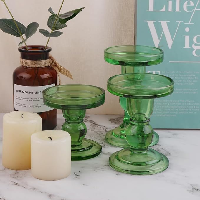 3-Piece Set of Green Glass Candlestick, Crystal Candlestick Holder Holder and - Image 7