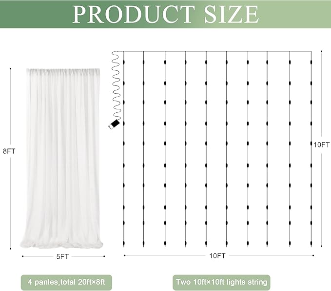 Tulle Backdrop Curtain with Lights String 20 X 8FT Ivory Sheer Tulle Backdrop - Image 2