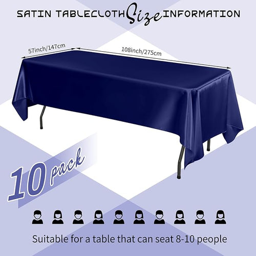 10 Packs Satin Tablecloth 57 x 108 Inch Navy Blue Rectangular Table Cloth Silk - Image 2
