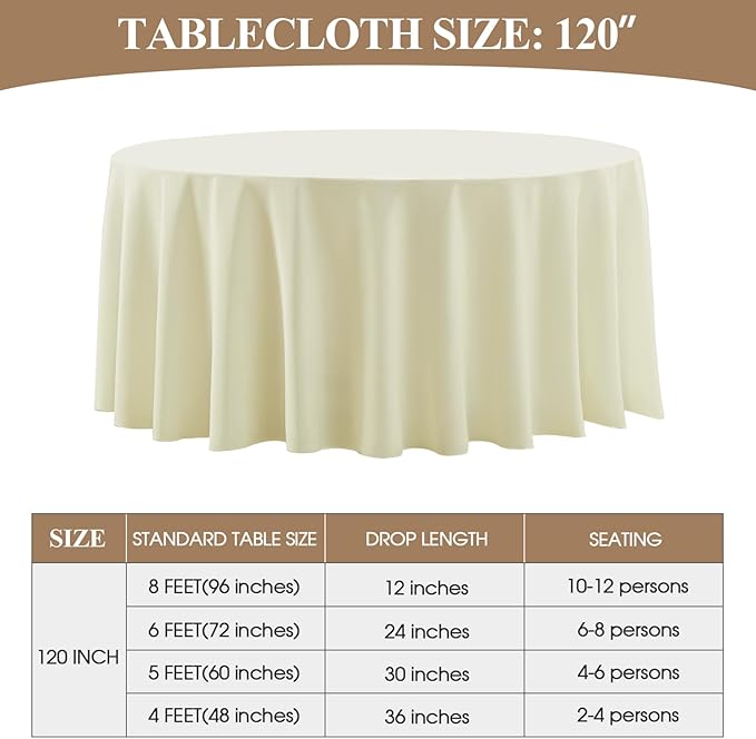 Round Tablecloth 120 Inch Tablecloth 10 Pack Ivory Table Cloths Washable - Image 6