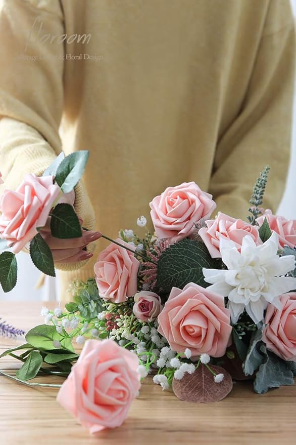 Floroom Artificial Flowers 50pcs Real Looking Peach Pink Foam Fake Roses - Image 3