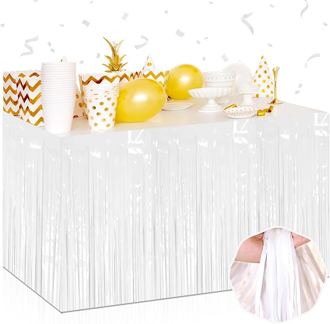 3 Pack 29 x108 Inch Macaron White Foil Fringe Table Skirts Metallic Banner by Mebiornt