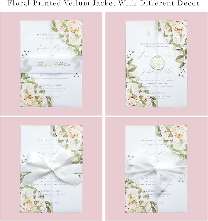 PONATIA 50PCS Vellum Jackets for 5x7 Invitation Cards- 135GSM Champagne Flowers - Image 3