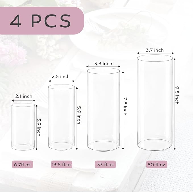 4 Pcs Glass Cylinder Vases Set, 4/6/8/10 Inch Modern Flower Vases - Image 2