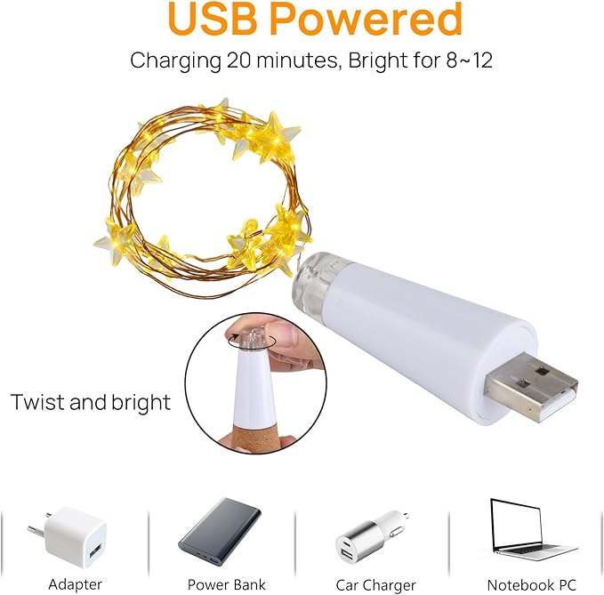 Wine Bottle Cork Lights, Rechargeable & USB Powered, 78 Inches, 10 Star-Shaped - Image 2