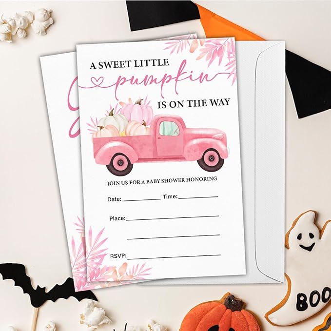 Pumpkin Baby Shower Party Invitations, Fall Pink Pumpkins Truck Baby Shower - Image 5