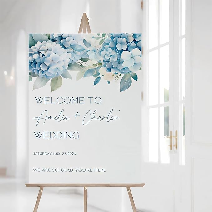 Wedding Welcome Sign With Blue Hygrangeas by Custom