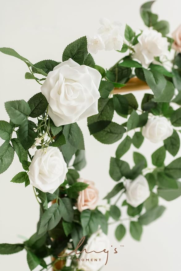 Ling's moment 5FT White Artificial Flower Garland Fake Rose Green Leaves Floral - Image 4