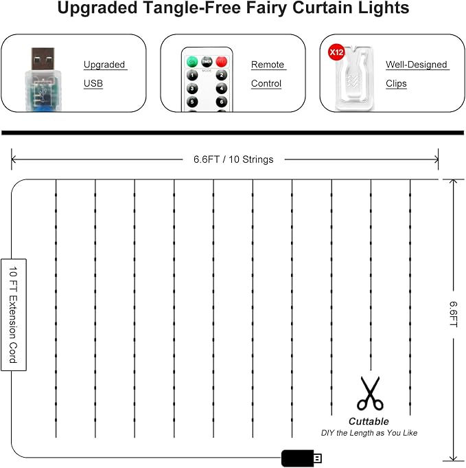 Fairy Curtain Lights Upgraded Tangle-Free Warm White USB Plug in 8 Modes String - Image 4