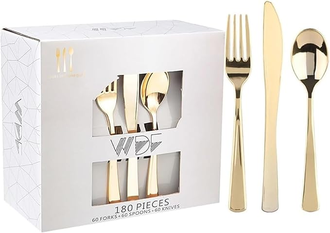 WDF 180 Pieces Disposable Plastic Gold Silverware Cutlery by WDF