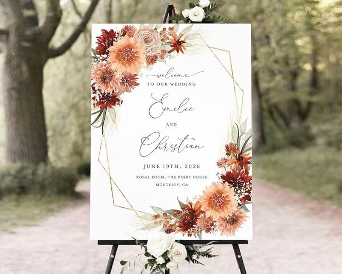 Terracotta Wedding Welcome Sign Template, Boho Floral Gold Reception Decor Sign by Unknown