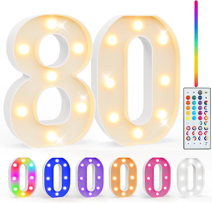 Pooqla 80th Birthday Decoration fors Her Him, 35 Colors LED Light Up Numbers by Pooqla