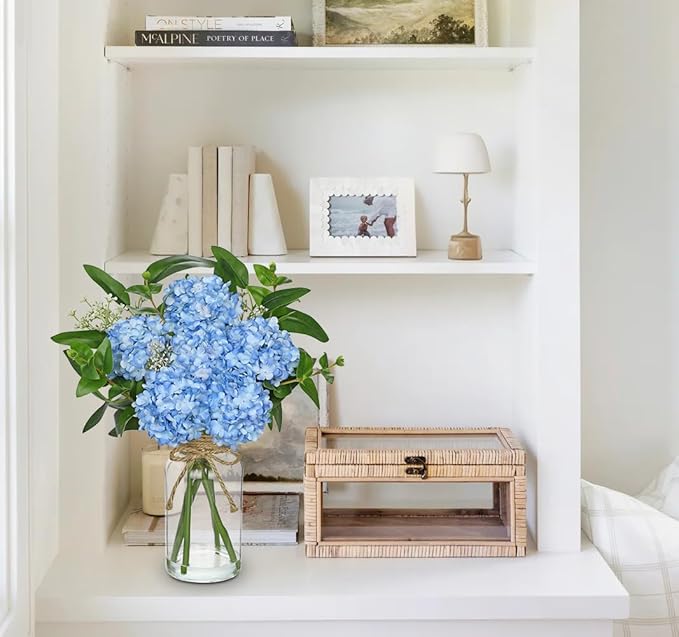 Hollyone Blue Hydrangea Artificial Flowers in Clear Glass Vase - Image 4