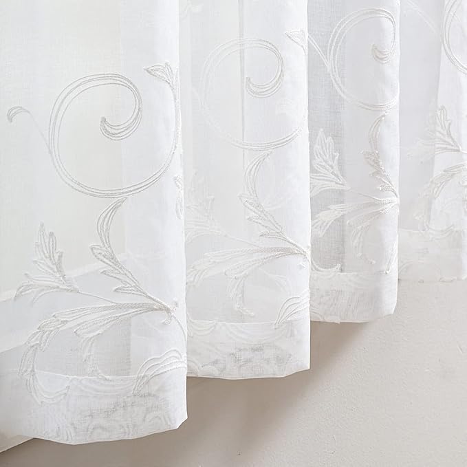 Sheer Curtains White 63 Inch Embroidered Floral, Rod Pocket Voile Drapes - Image 3