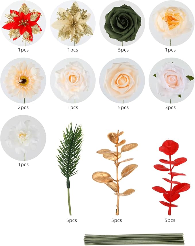 Christmas Artificial Flowers Poinsettia Flower Mix Silk Flowers Fake Roses - Image 7
