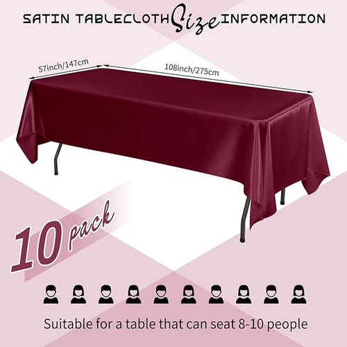 10 Packs Satin Tablecloth 57 x 108 Inch Burgundy Rectangular Table Cloth Silk - Image 2