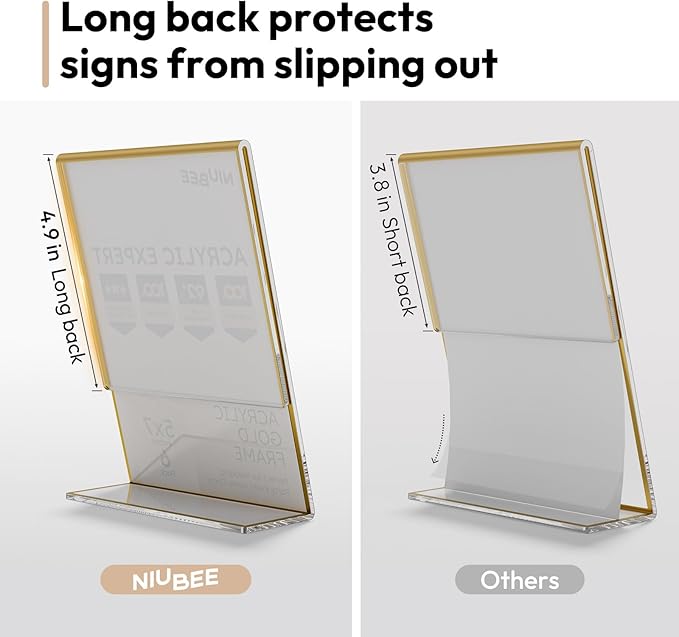 NIUBEE 6 Pack 5 x 7 Acrylic Gold Frame, Slanted Back Table Sign Holder - Image 4