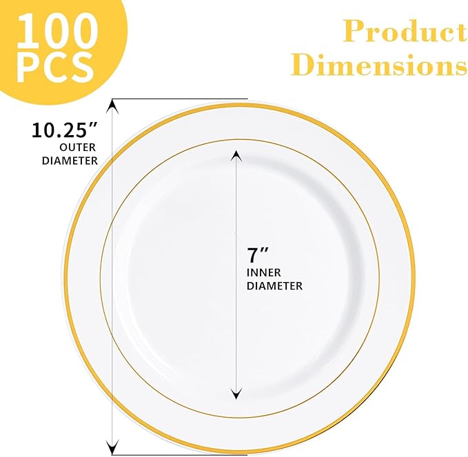 N9R 100PCS Gold Plastic Plates, 10.25 inch White Disposable Dinner Plate - Image 2