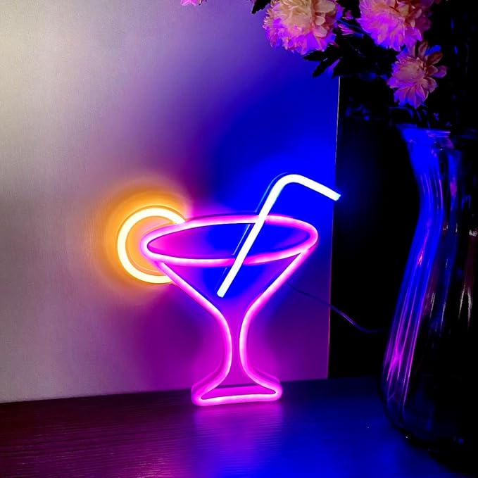 Cocktails Pink Neon Sign, Led Wine Glass Neon Light Battery and USB Dual - Image 5