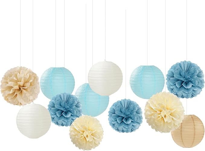 Dusty-Blue Champagne Party-Decorations Paper-Flowers Lanterns - Image 6