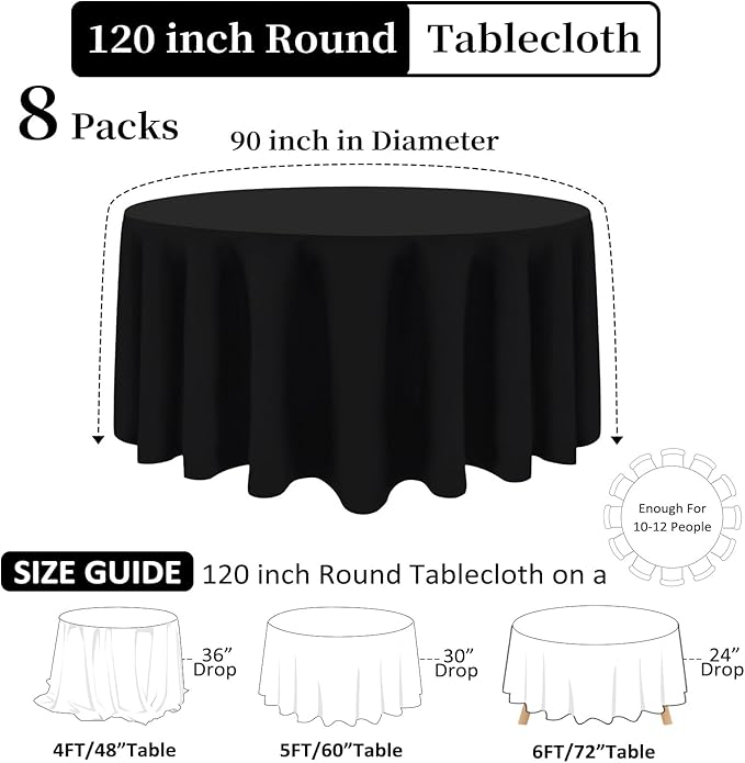 8 Pack Black Round Tablecloth 120 Inch Black Table Cloth Stain and Wrinkle - Image 2
