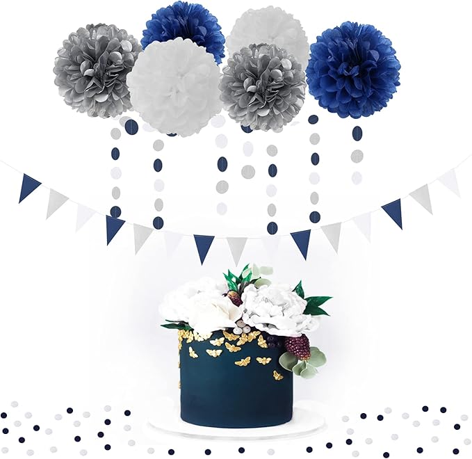 Navy Blue White Silver Party Decorations, Tassel Garland Banner Flowers - Image 7