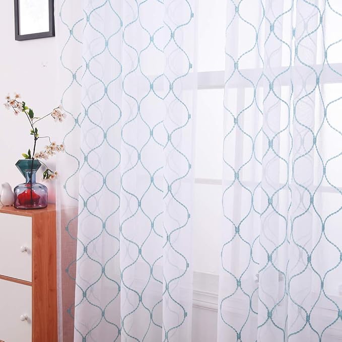 Embroidery Sheer Curtains Blue 95 Inches Long, Window Treatments Rod Pocket - Image 2