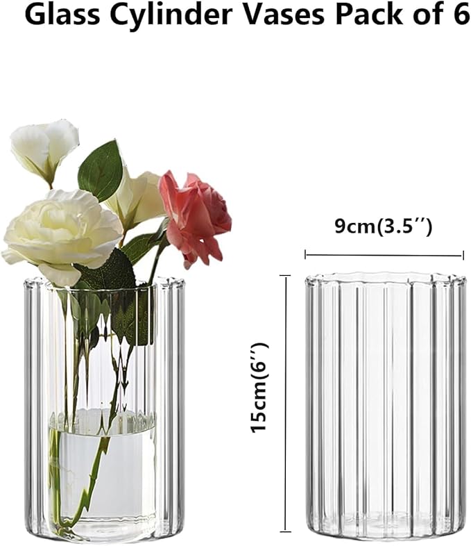 Glass Cylinder Vases Set of 6 Clear Ribbed Glass Vases - Image 3