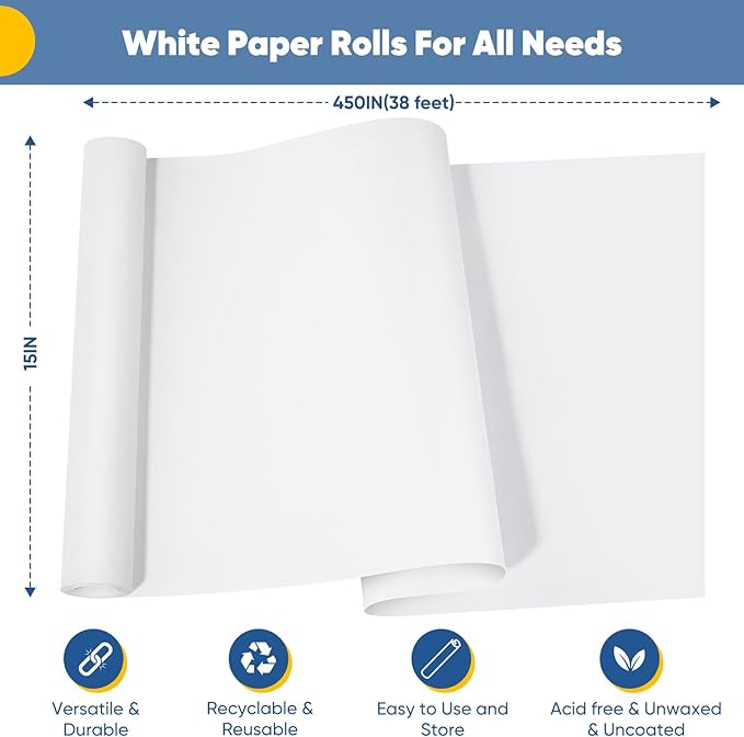 White Wrapping Paper Craft Paper Kraft Paper Roll 15" x 450", Bulletin Board - Image 2