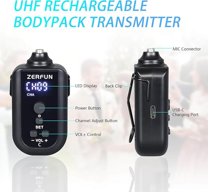 4 Channel Rechargeable Wireless Microphone System, Pro UHF Metal Headset - Image 4