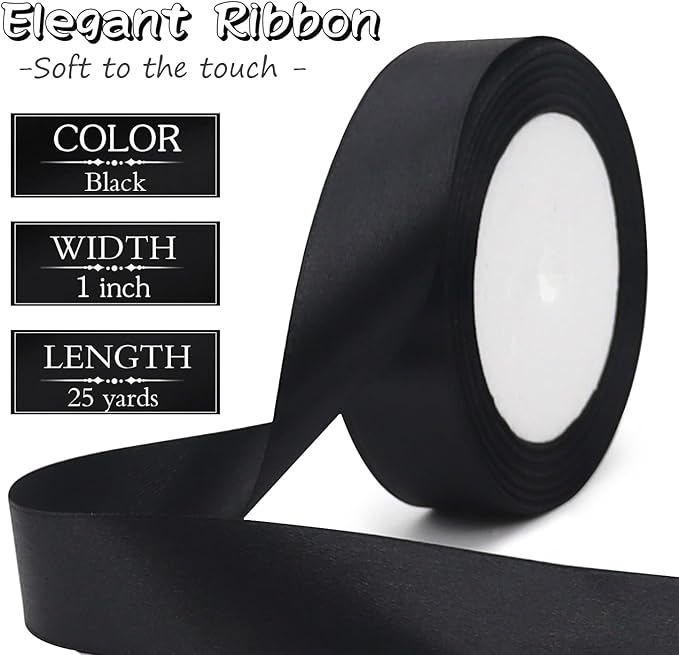 Black Solid Satin Ribbon 1 Inch 25 Yards Solid Polyester Fabric Ribbon - Image 2