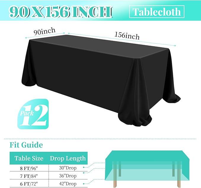 12 Pack Polyester Tablecloth 90 x 156 Inch Black Tablecloth - Image 2
