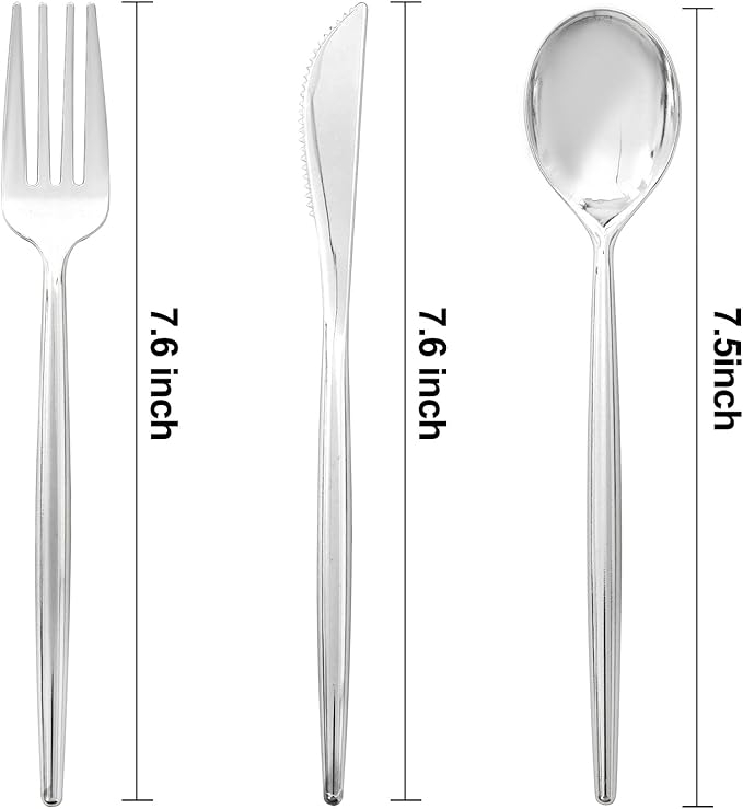 SUT 300Pcs Silver Plastic Cutlery, 100 plastic Spoons, 100 plastic Knives Heavy - Image 2