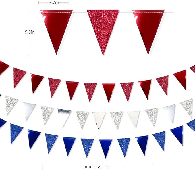 30 Ft Red Silver Blue Triangle Pennant Banner Bunting Hanging Paper Flag Garland - Image 2