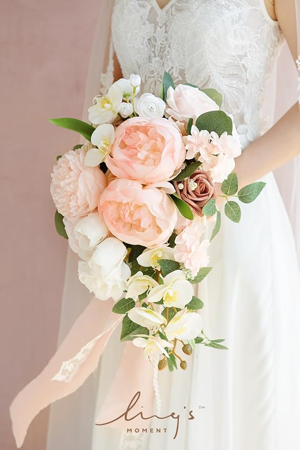 Ling's Moment Blush Bridal Bouquet Cascading, 13 Inch Bride Bouquets - Image 4