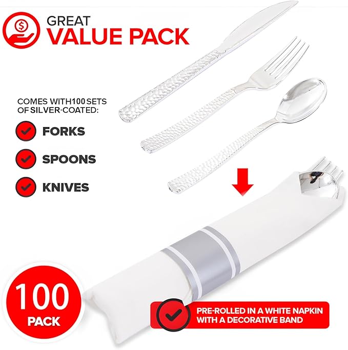400PCS Pre Rolled Silver Plastic Silverware Sets - Image 2