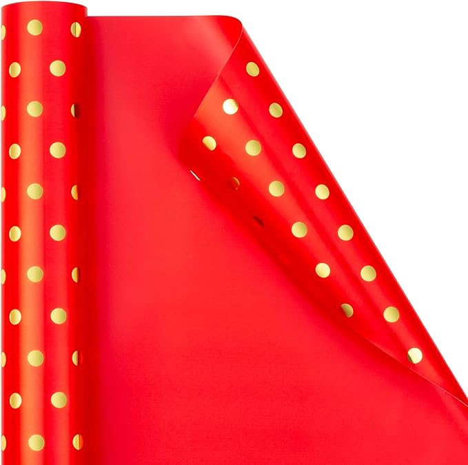 Flyhill Gold Foil Polka Dot Wrapping Paper Roll, Mini Roll Red Reversibl Gift by Flyhill
