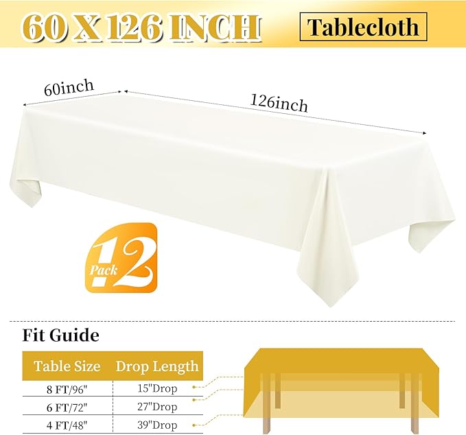 12 Pack 60 x 126 Inch Rectangle Tablecloth Ivory Polyester Tablecloth - Image 2
