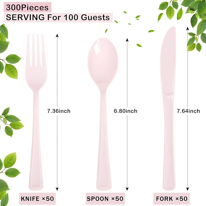 Supernal 300 Pieces Pink Plastic Silverware Heavy Duty Disposable Silverware - Image 3