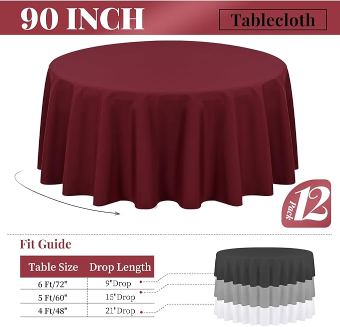 Fani 12 Pack 90 Inch Round Burgundy Polyester Tablecloths - Image 2